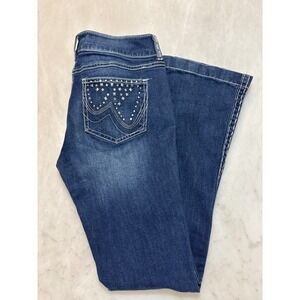 Wrangler Premium Patch Bootcut Jeans Women Dark Wash Embellished Pockets Sz 9x36